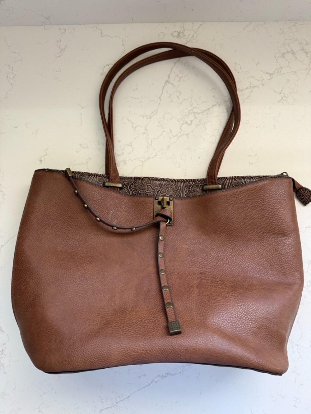 Brown Pebbled Tote Western with Stud-Accent Strap Darcy Marks London